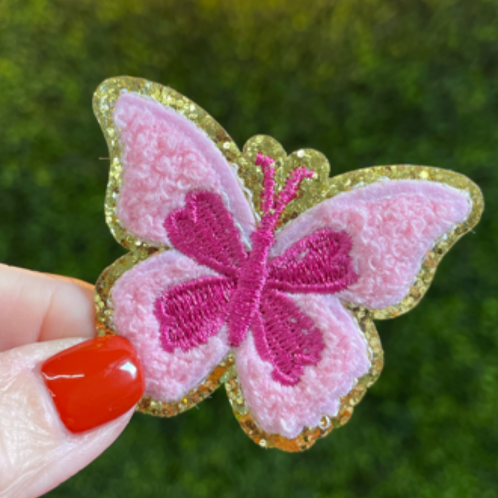 Pink Butterfly Glitter Edge Embroidered Patch