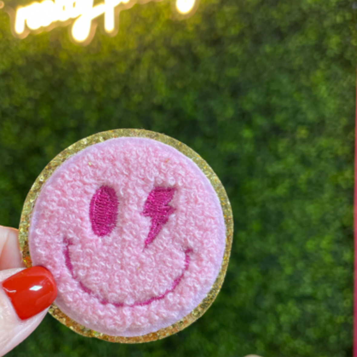 Pink Lightning Smiley Glitter Embroidered Patch