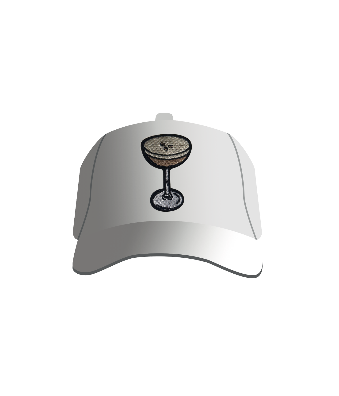 A white baseball cap with an iron-on patch depicting an espresso martini with cherries served in a glass.