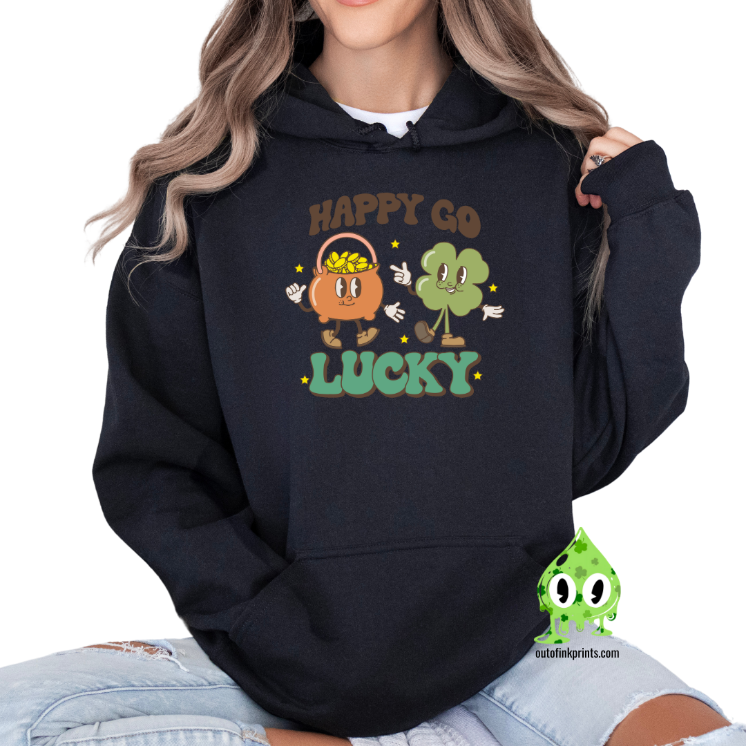 Front view of a black hoodie with the text 'HAPPY GO LUCKY' and a graphic of a leprechaun and a four leaf clover.