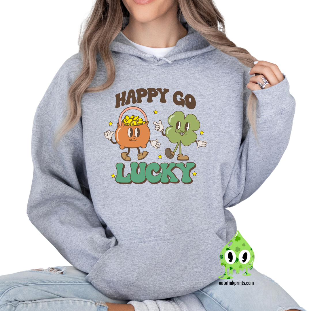Front view of a gray hoodie with the text 'HAPPY GO LUCKY' and a graphic of a leprechaun and a four leaf clover.
