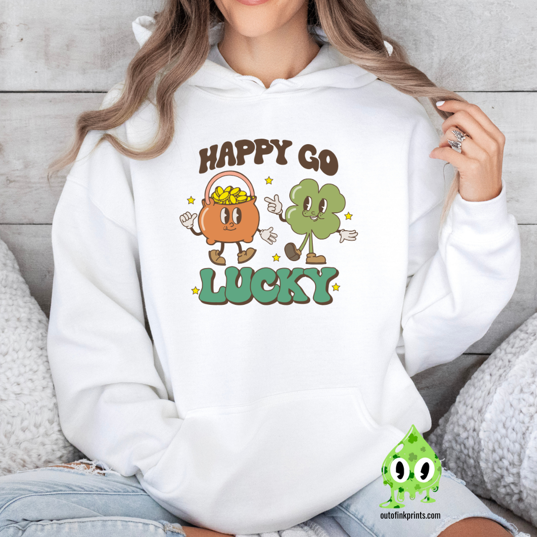 Front view of white hoodie with the text 'HAPPY GO LUCKY' and a graphic of a leprechaun and a four leaf clover.