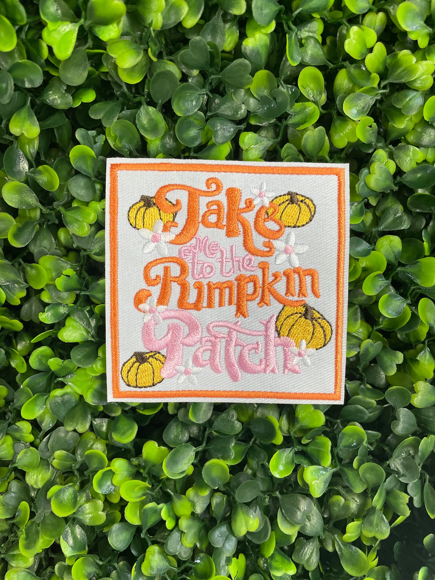 Embroidered patch featuring orange and pink text "Take me to the pumpkin patch" with pumpkin and flower designs around it, placed on a green leafy backdrop