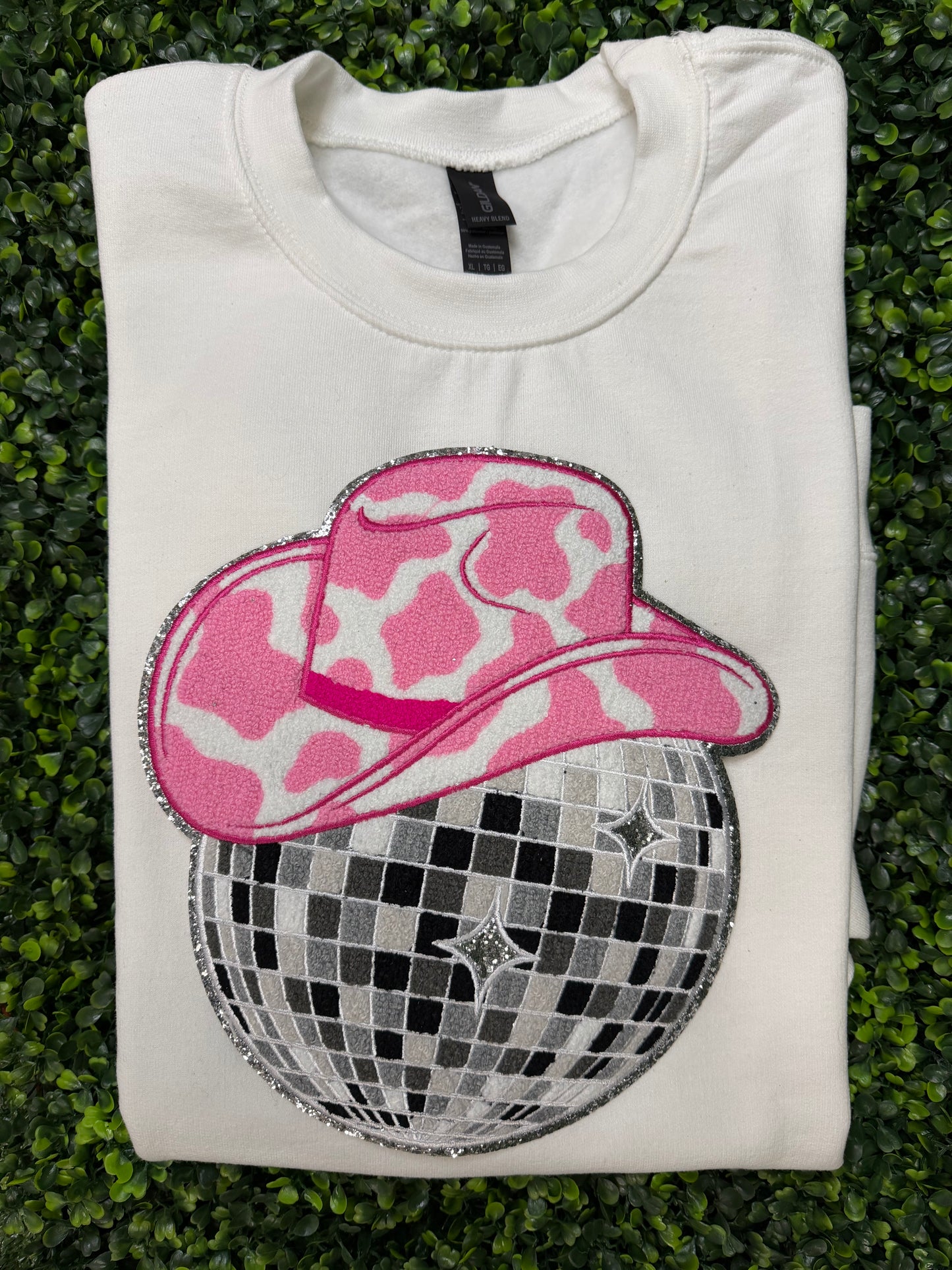 Pink Cowgirl Hat Disco Ball Chenille Patch
