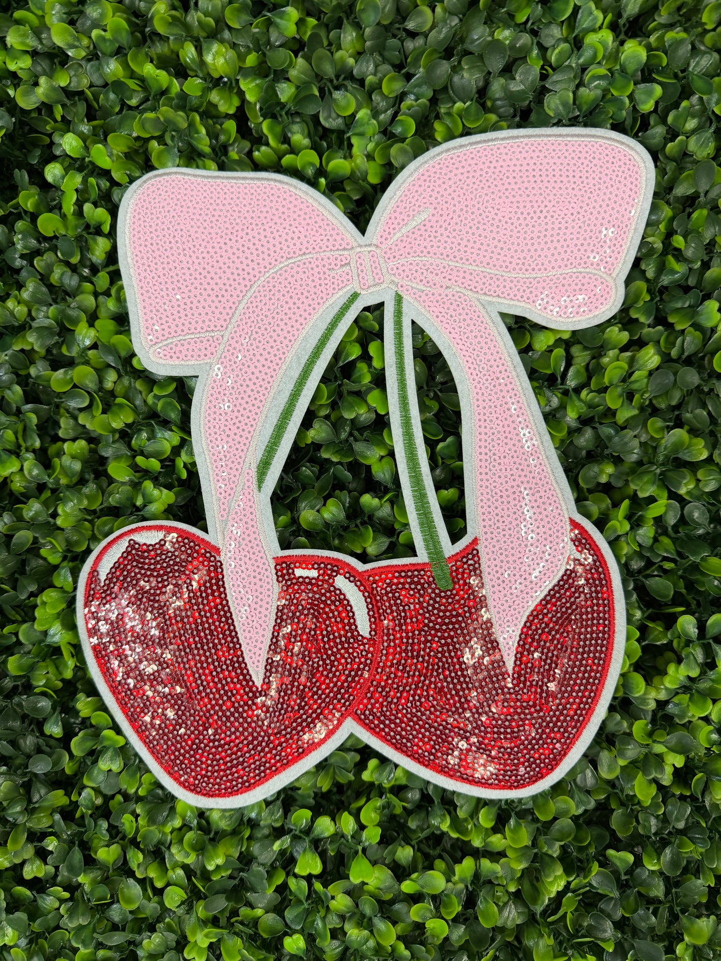 Pink Bow Cherry Sequin Patch