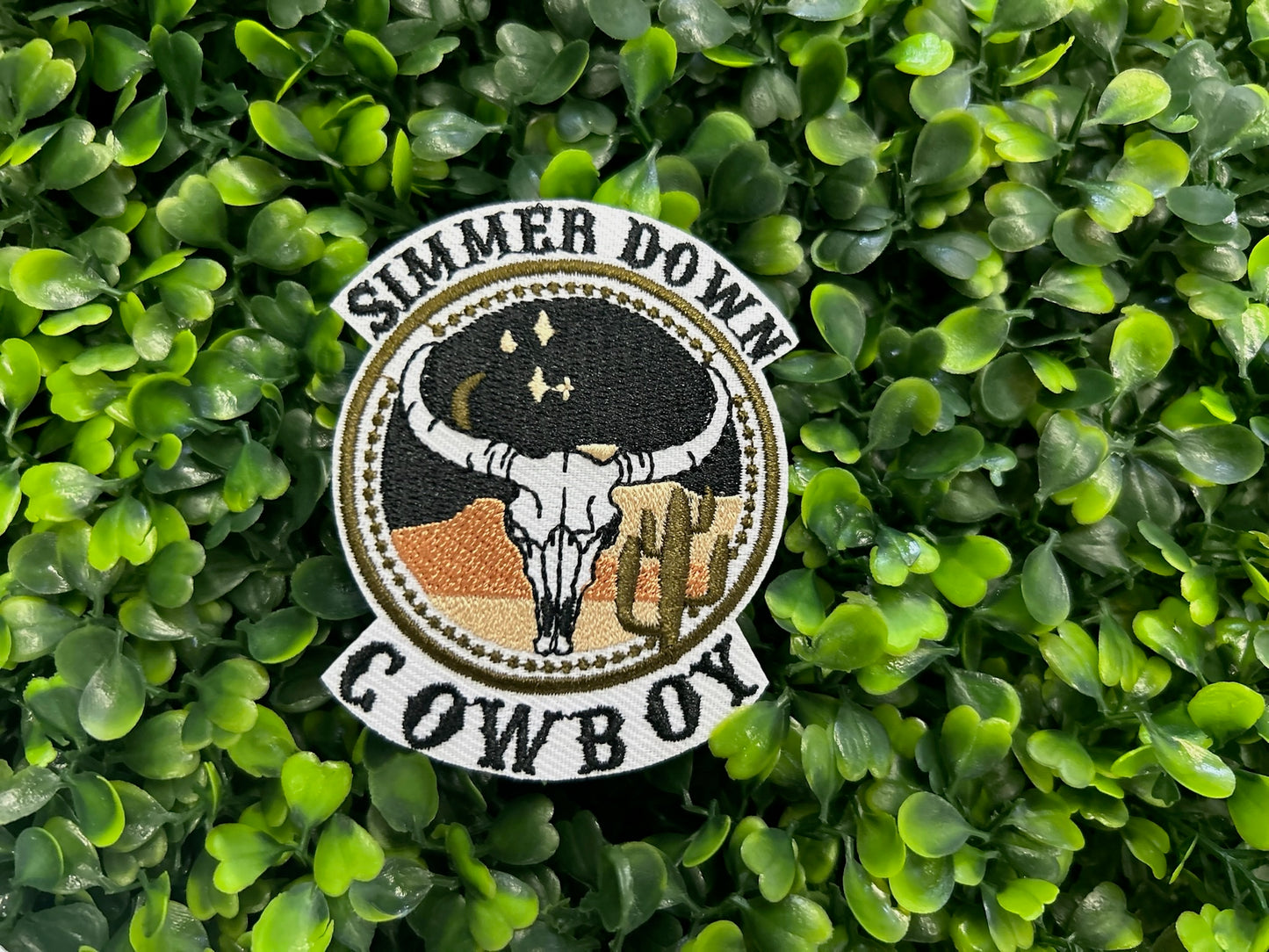 Simmer Down Cowboy Patch – Western Skull Embroidered Iron-On Patch