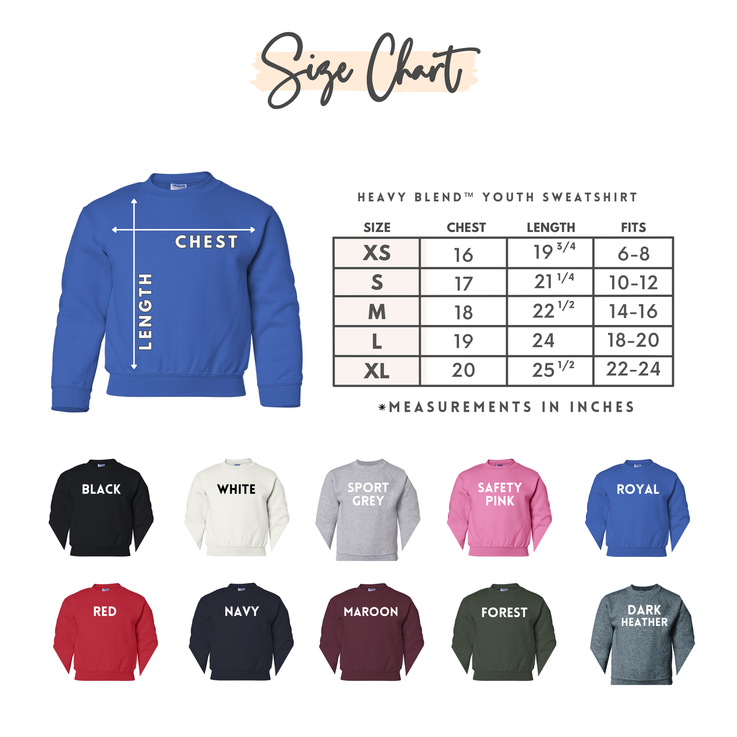 Kids Size Chart for Sweatshirts