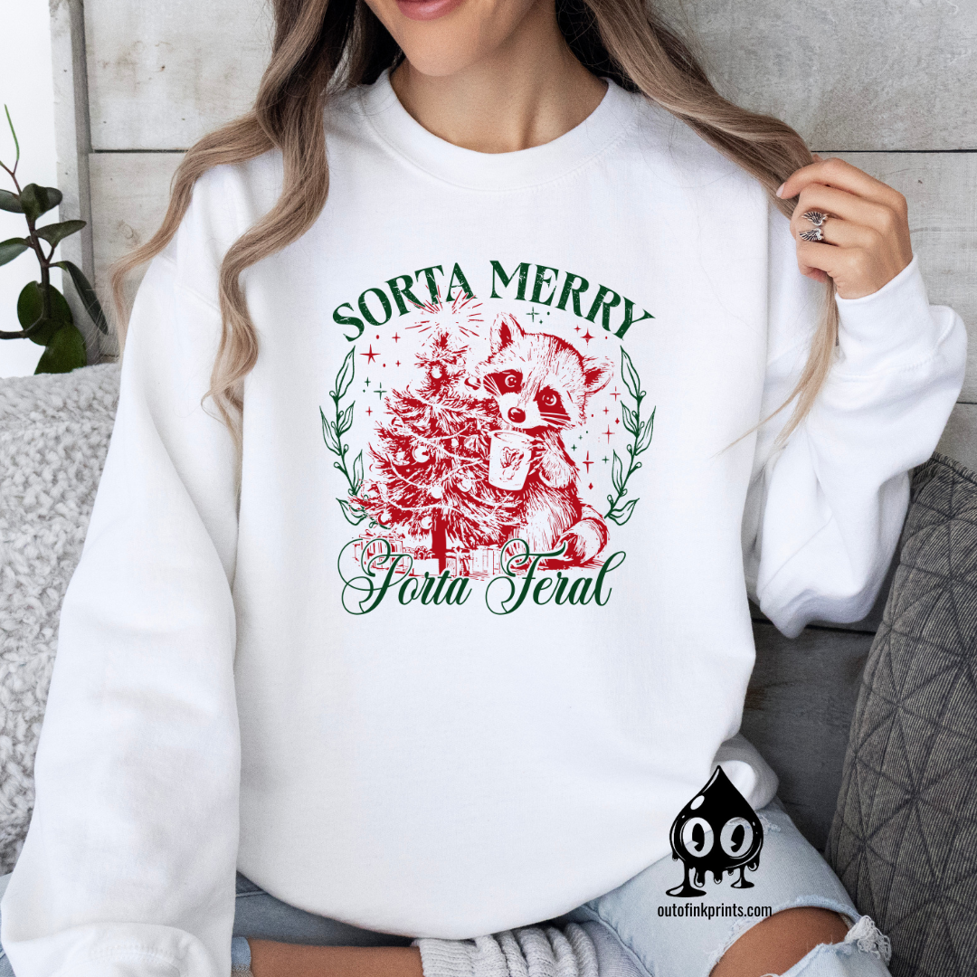 'Sorta Merry, Sorta Feral' Raccoon Christmas Sweatshirt