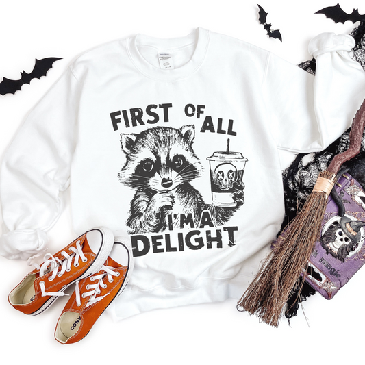 First of All, I'm a Delight" Raccoon – Sassy & Spooky Comfort Sweatshirt