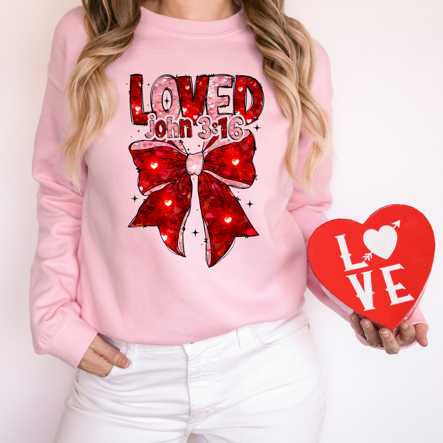 LOVED John 3:16 Faux Sequins Pink Bow Sweatshirt