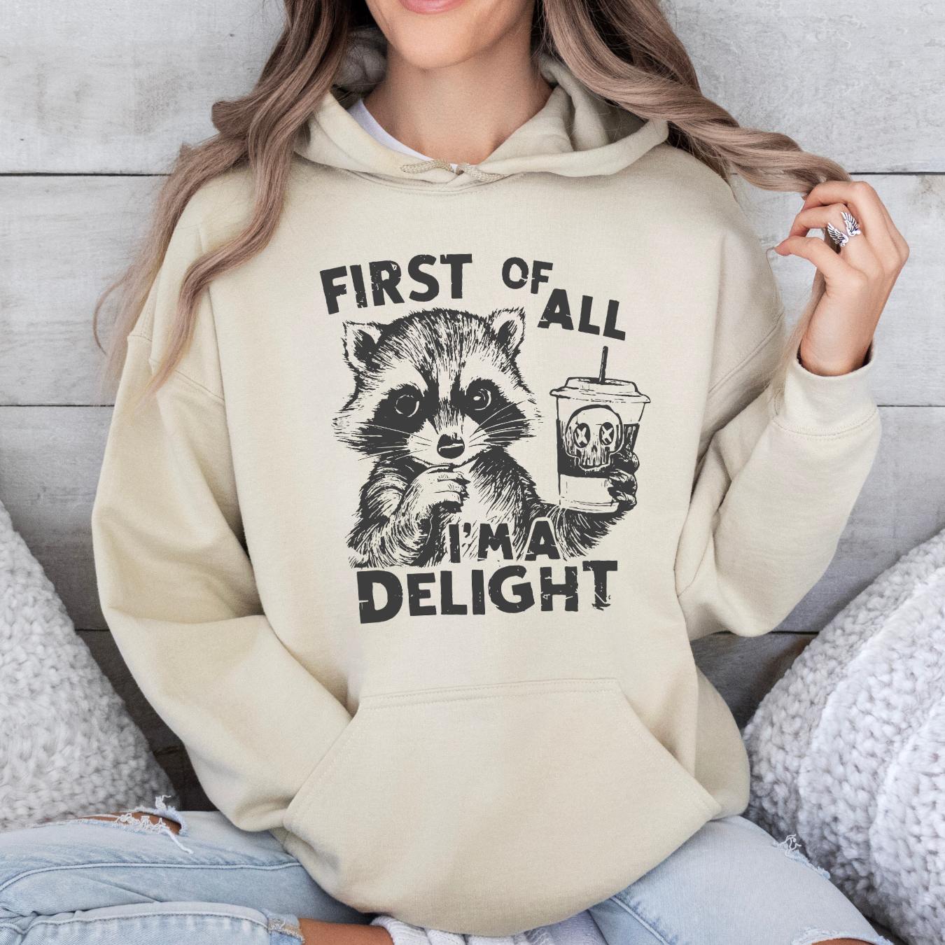 First of All, I'm a Delight" Raccoon – Sassy & Spooky Comfort Hoodie