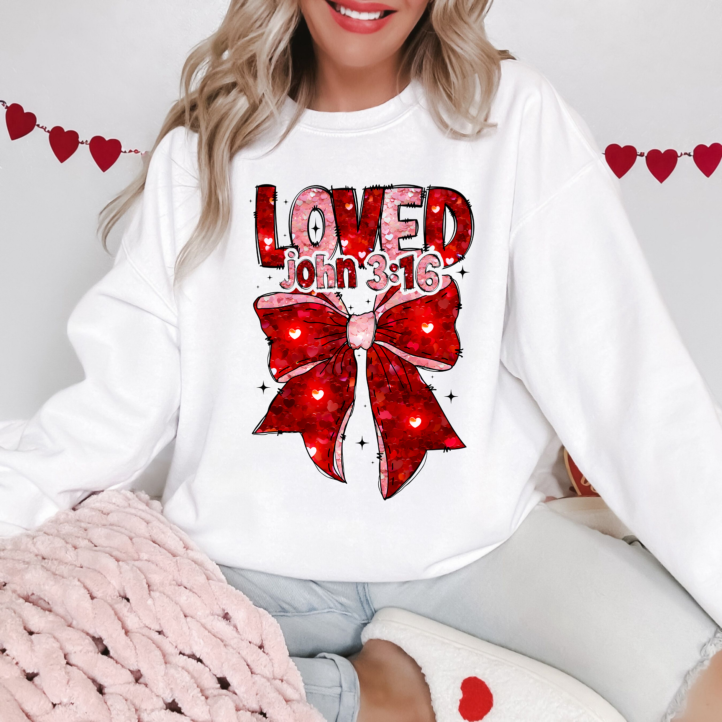 LOVED John 3:16 Faux Sequins Pink Bow Sweatshirt