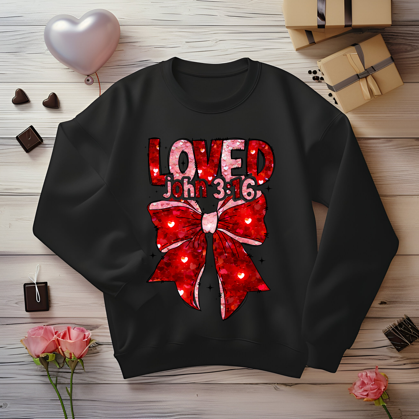 LOVED John 3:16 Faux Sequins Pink Bow Sweatshirt