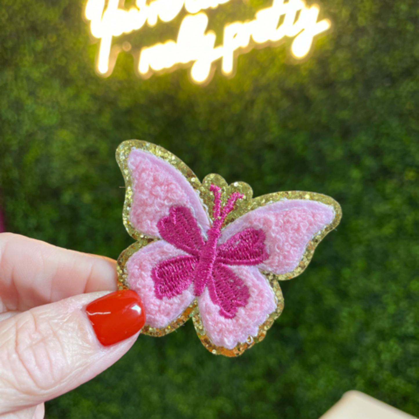 Pink Butterfly Glitter Edge Embroidered Patch