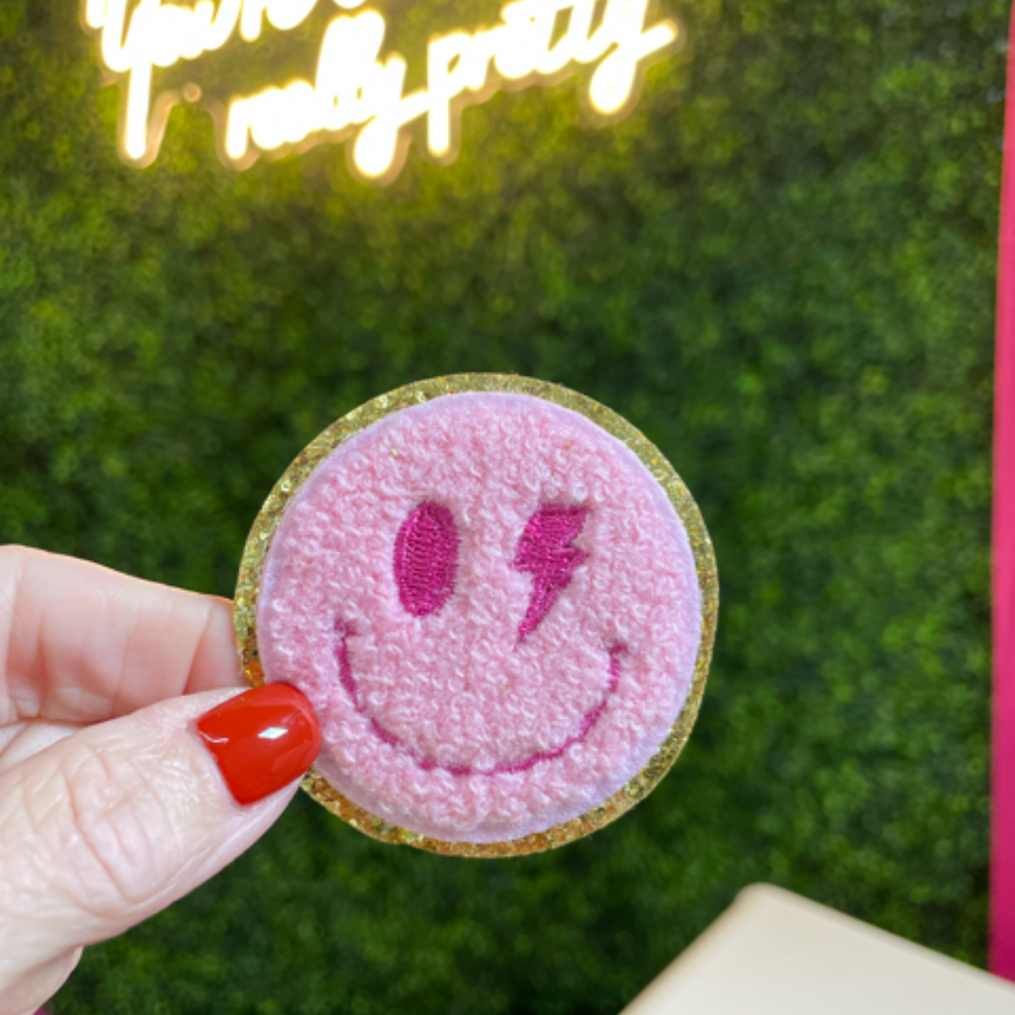 Pink Lightning Smiley Glitter Embroidered Patch