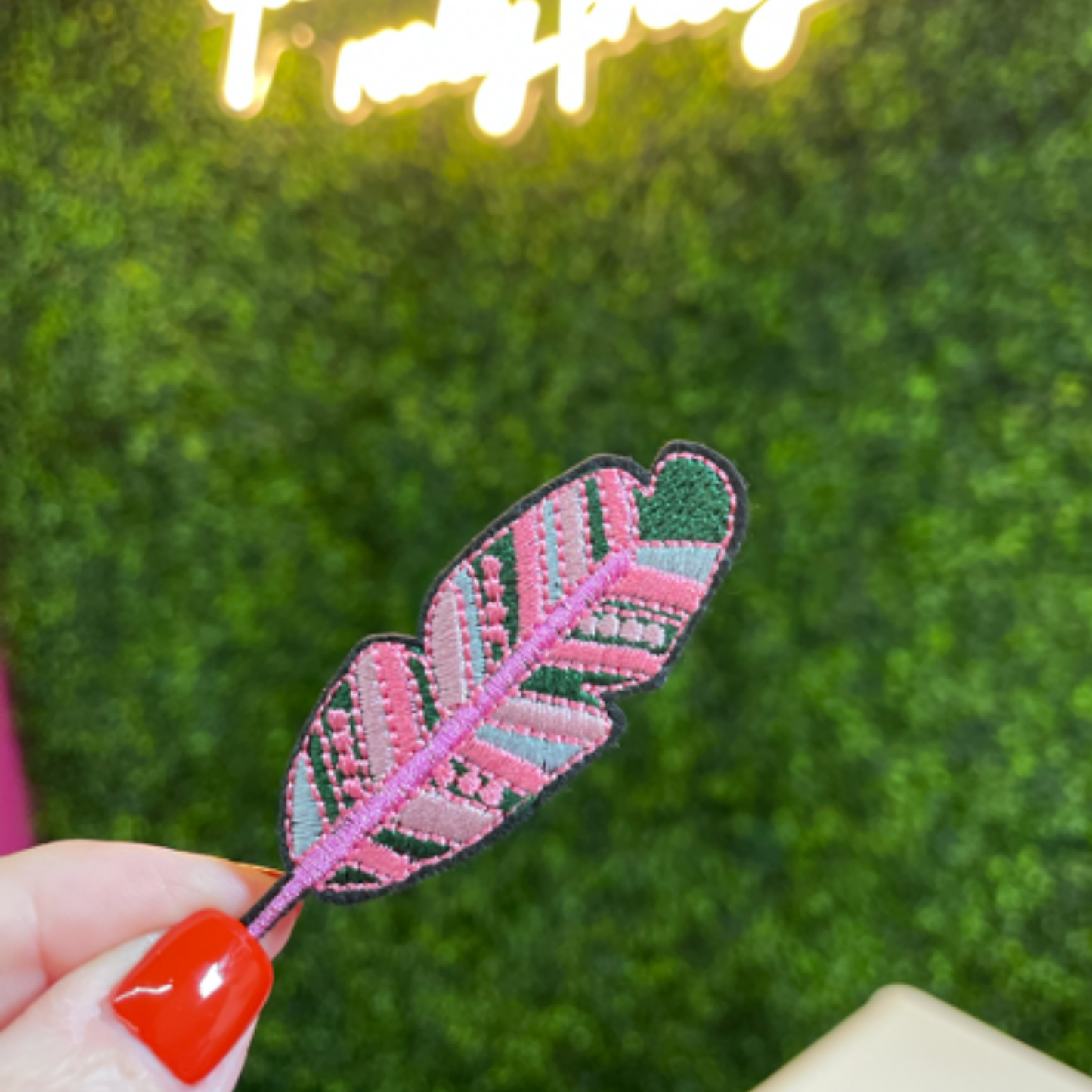 Pink and Green Feather Embroidered Patch