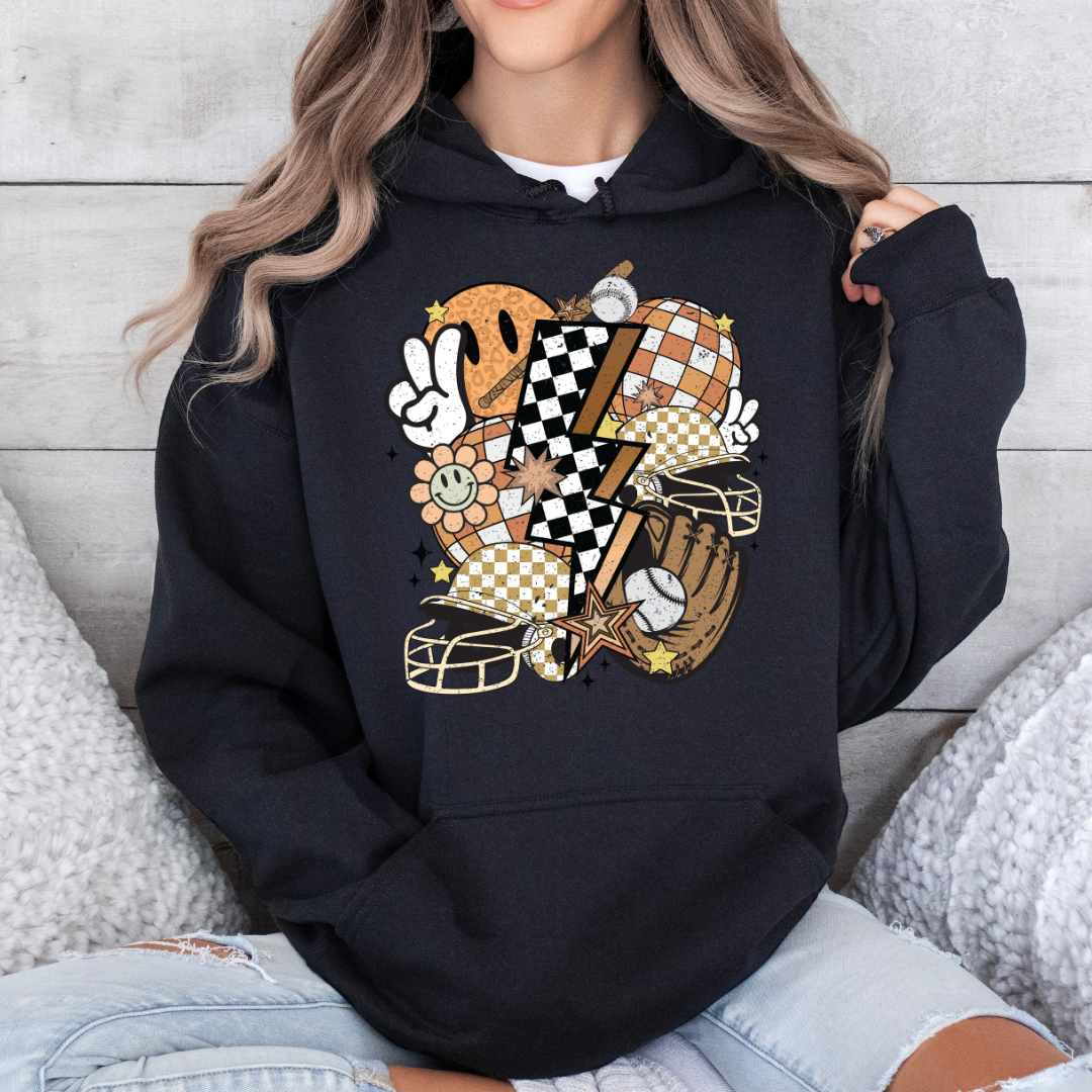 Retro Fall Smiley & Sports Collage Hoodie