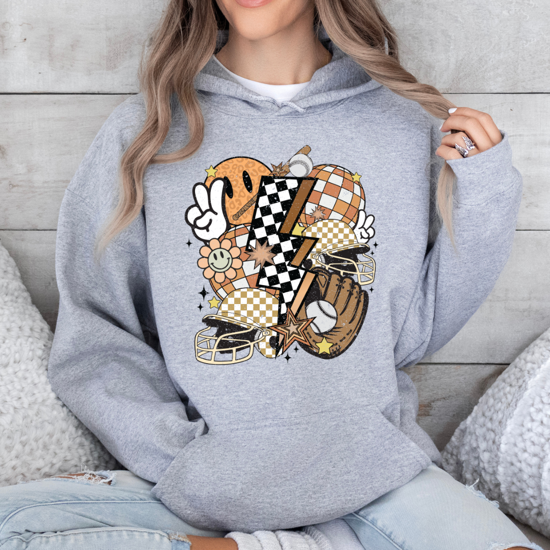 Retro Fall Smiley & Sports Collage Hoodie