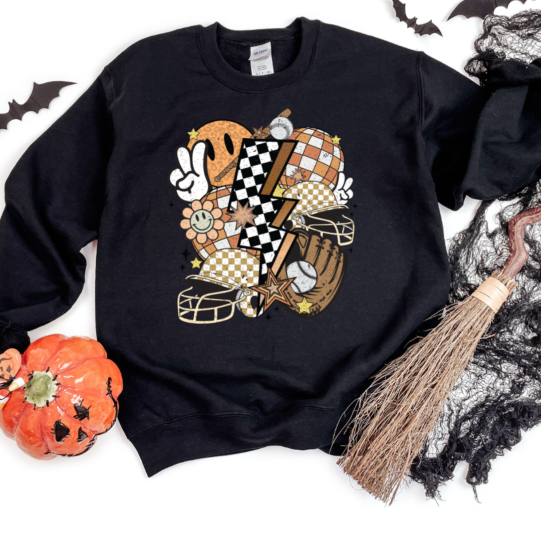 Retro Fall Smiley & Sports Collage Sweatshirt