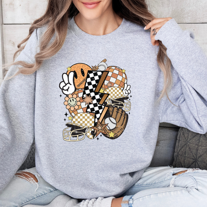 Retro Fall Smiley & Sports Collage Sweatshirt