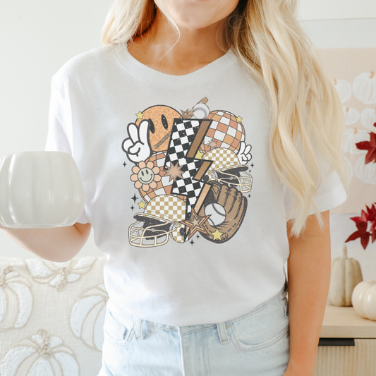 Retro Fall Smiley & Sports Collage T-Shirt