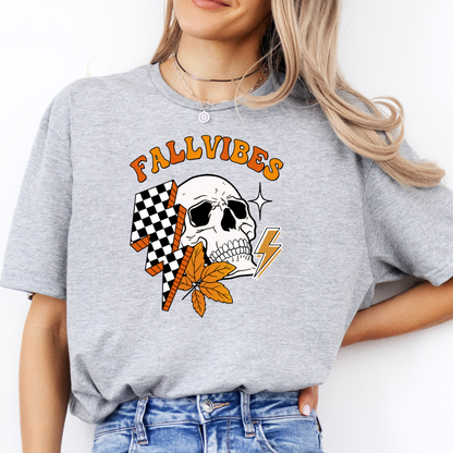 'Fall Vibes' Skull & Checkered Lightning Bolt T-Shirt