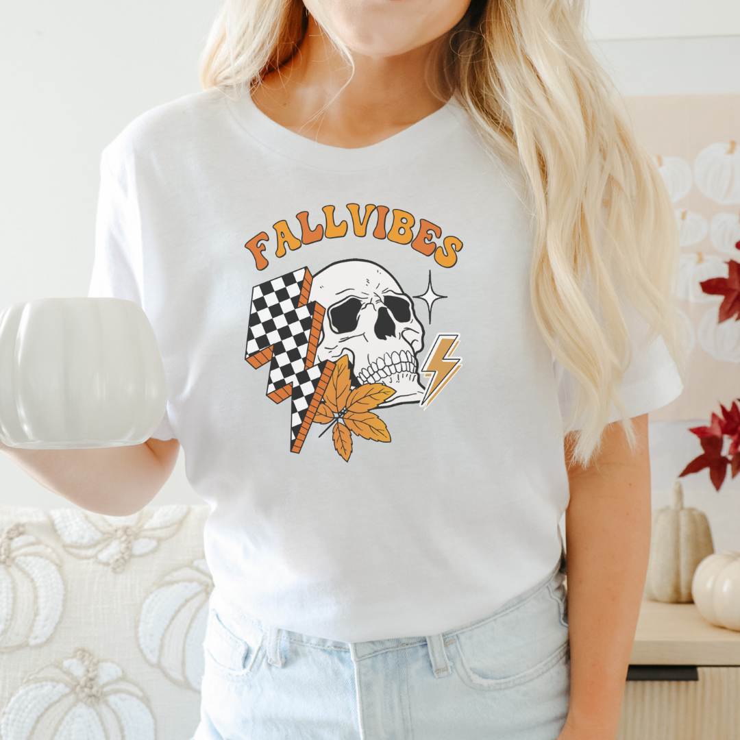 'Fall Vibes' Skull & Checkered Lightning Bolt T-Shirt