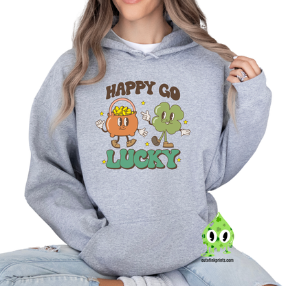 Front view of a gray hoodie with the text 'HAPPY GO LUCKY' and a graphic of a leprechaun and a four leaf clover.