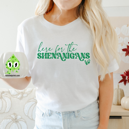 A person wearing a white t-shirt with the phrase 'here for the SHENANIGANS' printed in white, sitting on a bench.