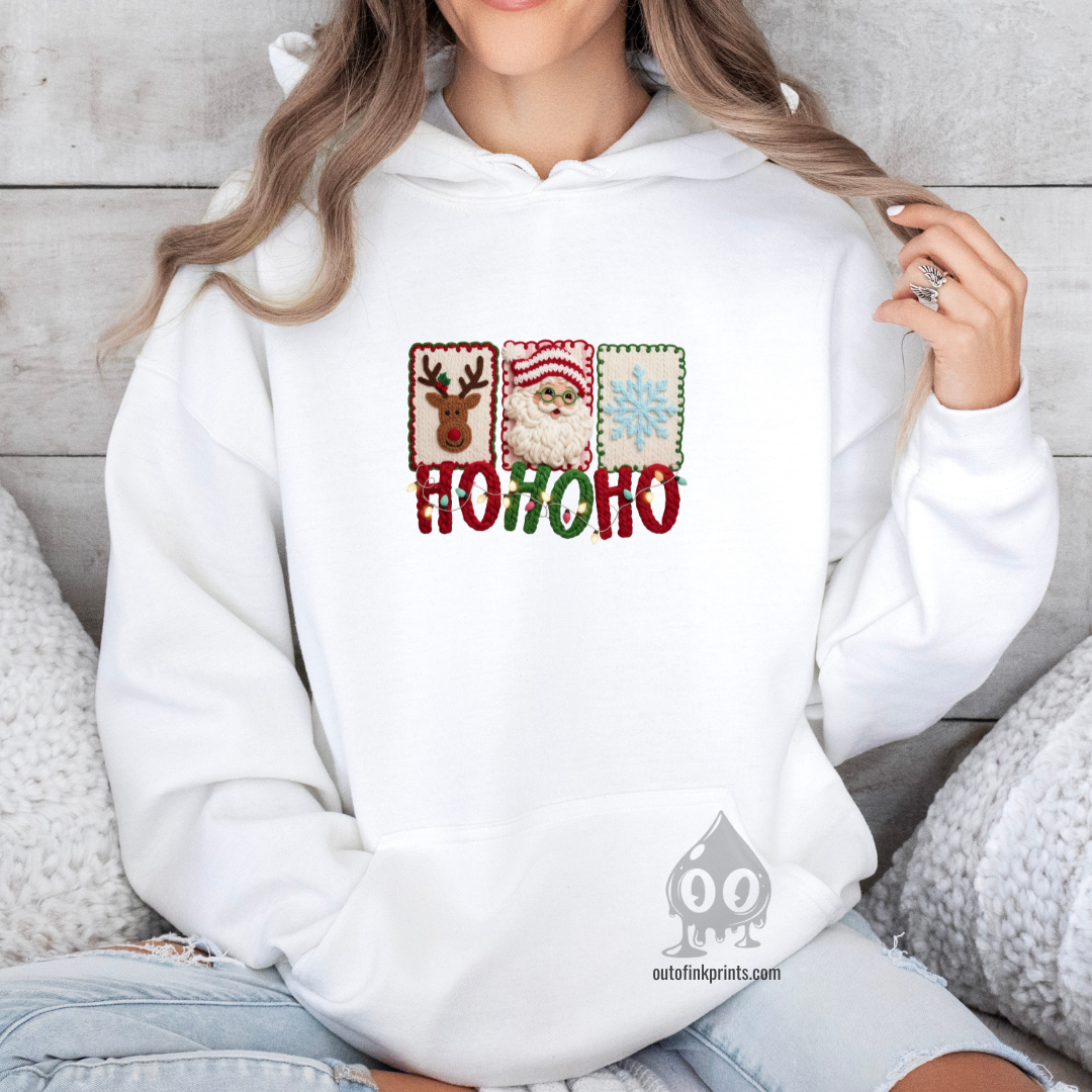 Hohoho Yarn Print Santa, Reindeer, & Snowflake Hoodie