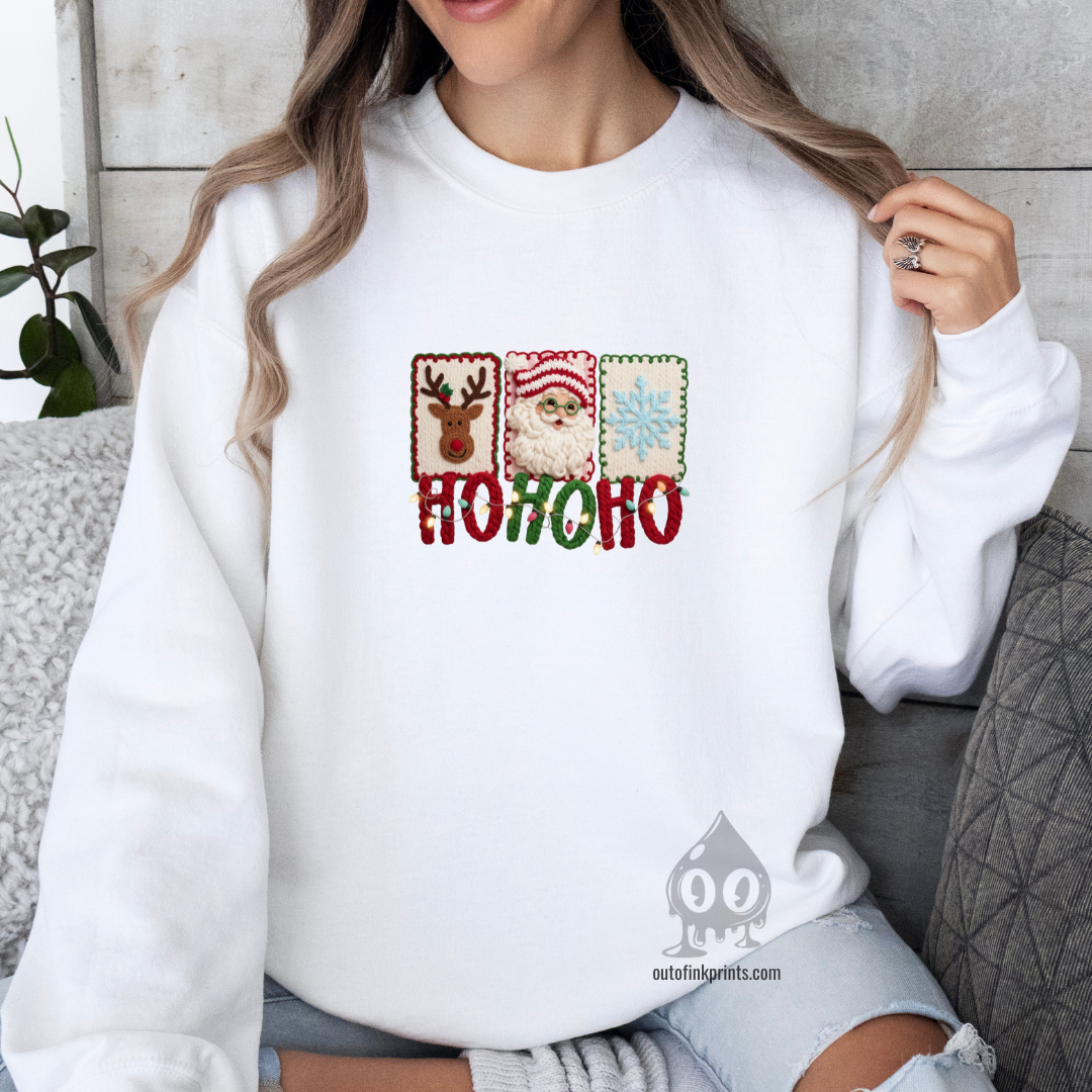 Hohoho Yarn Print Santa, Reindeer, & Snowflake Sweatshirt
