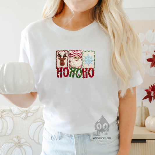 Hohoho Yarn Print Santa, Reindeer, & Snowflake T-Shirt