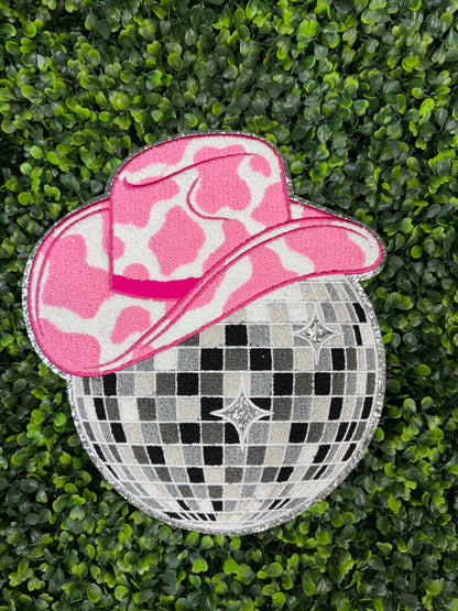 Pink Cowgirl Hat Disco Ball Chenille Patch