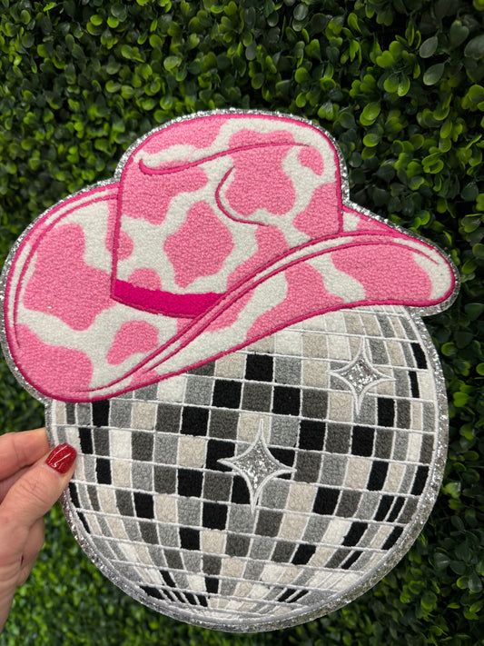 Pink Cowgirl Hat Disco Ball Chenille Patch