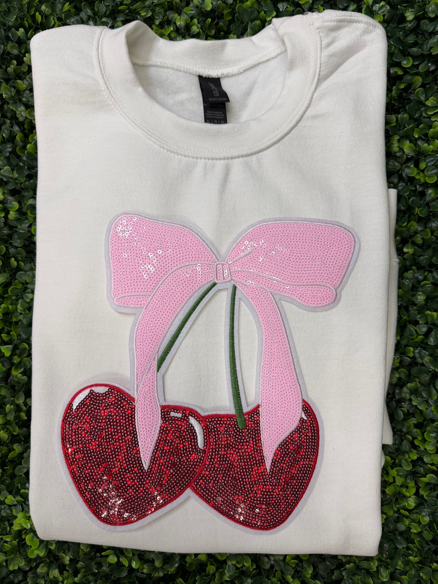 Pink Bow Cherry Sequin Patch