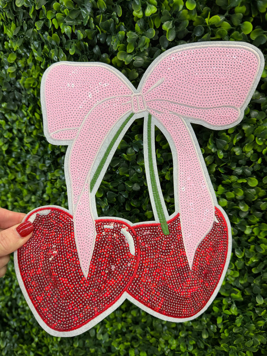 Pink Bow Cherry Sequin Patch