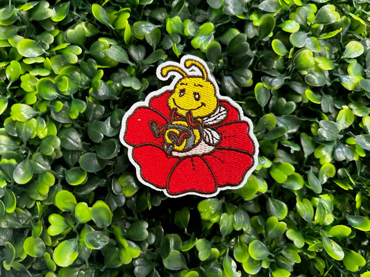 Bee on Red Flower Embroidered Patch