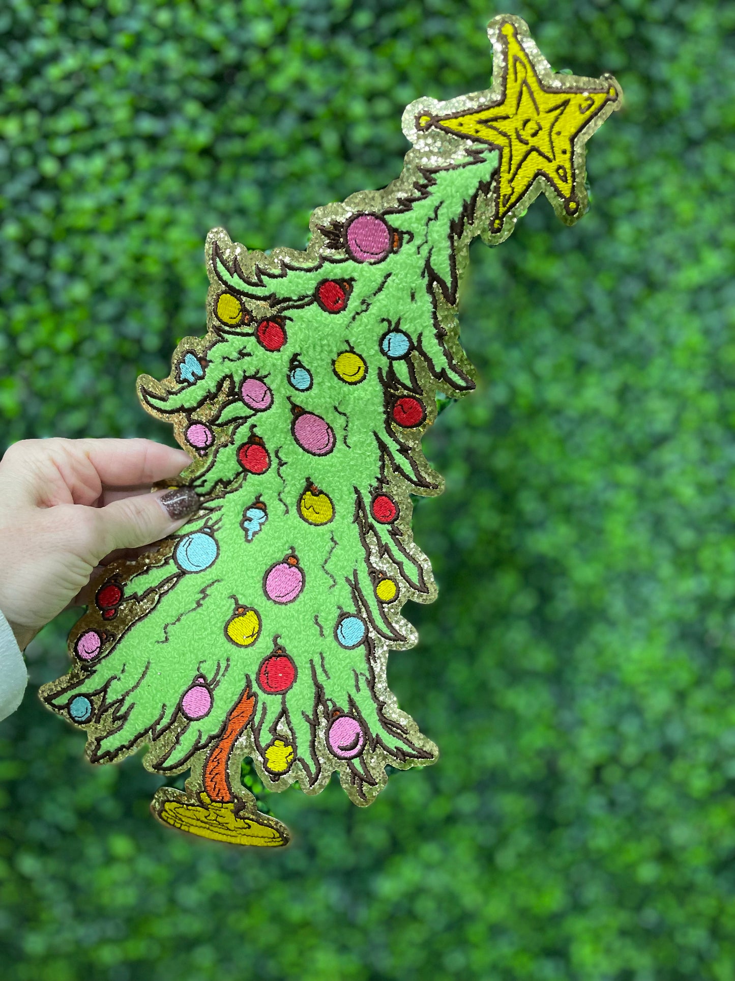 Grinchy Tree Glitter Chenille Patch