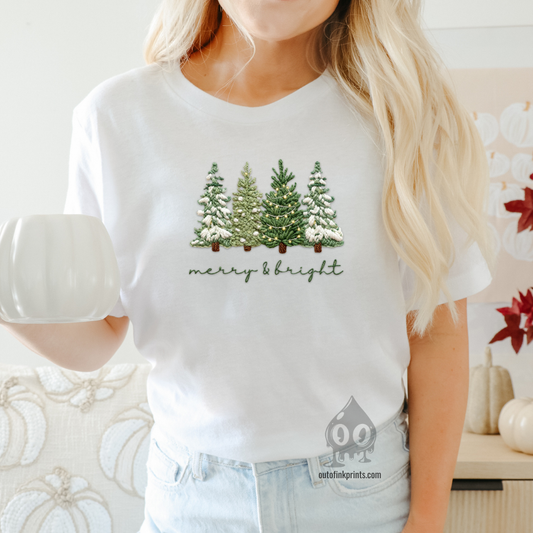 Merry & Bright Christmas Trees Yarn Print T-Shirt