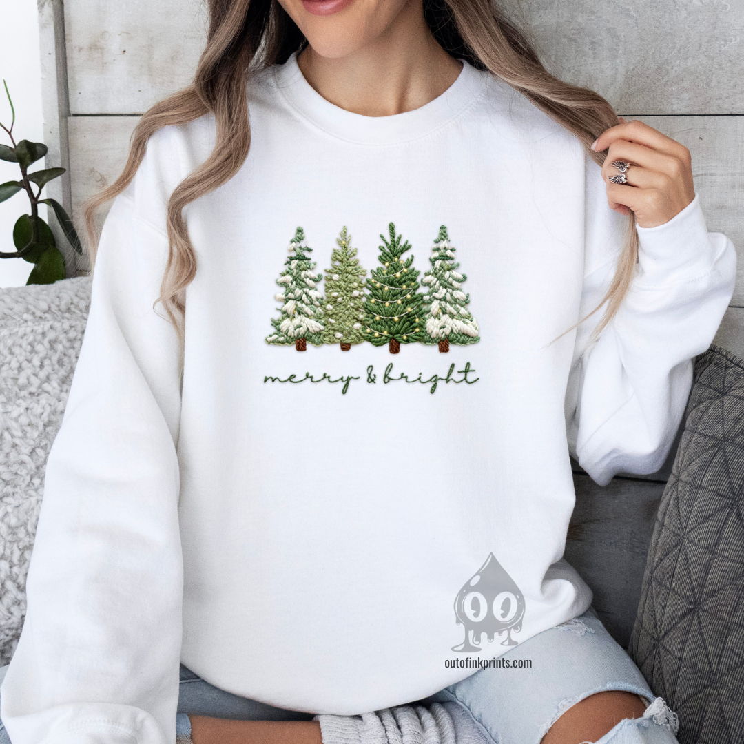 Merry & Bright Christmas Trees Yarn Print Sweatshirt