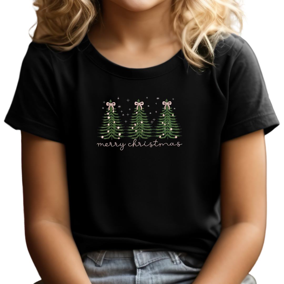Kids Pink Merry Christmas Trees with Bows Embroidery