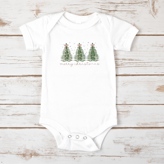 Kids Pink Merry Christmas Trees with Bows Embroidery