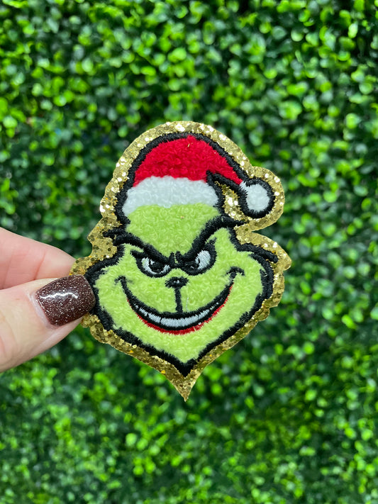 Grinchy Santa Glitter Chenille Patch