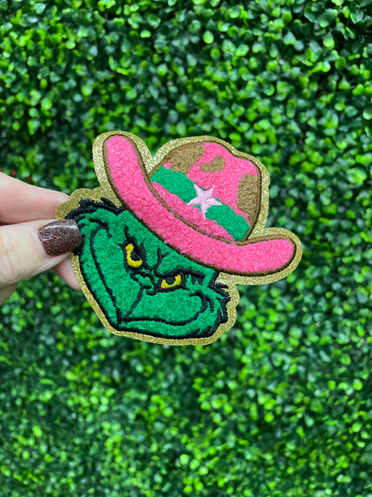 Pink Grinchy Cowboy Glitter Chenille Patch