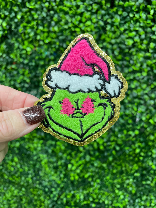 Pink Grinchy Santa Glitter Chenille Patch