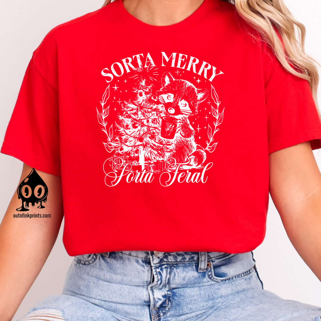 'Sorta Merry, Sorta Feral' Raccoon Christmas T-Shirt