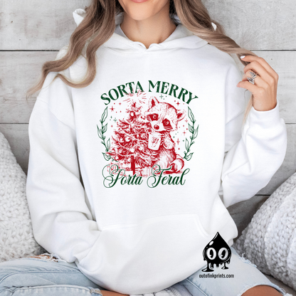 'Sorta Merry, Sorta Feral' Raccoon Christmas Hoodie