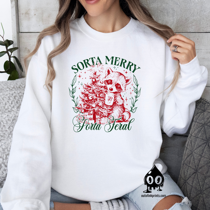 'Sorta Merry, Sorta Feral' Raccoon Christmas Sweatshirt