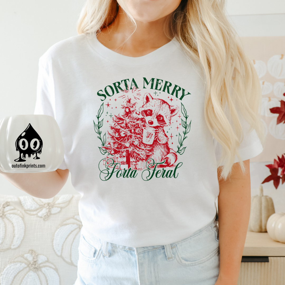 'Sorta Merry, Sorta Feral' Raccoon Christmas T-Shirt