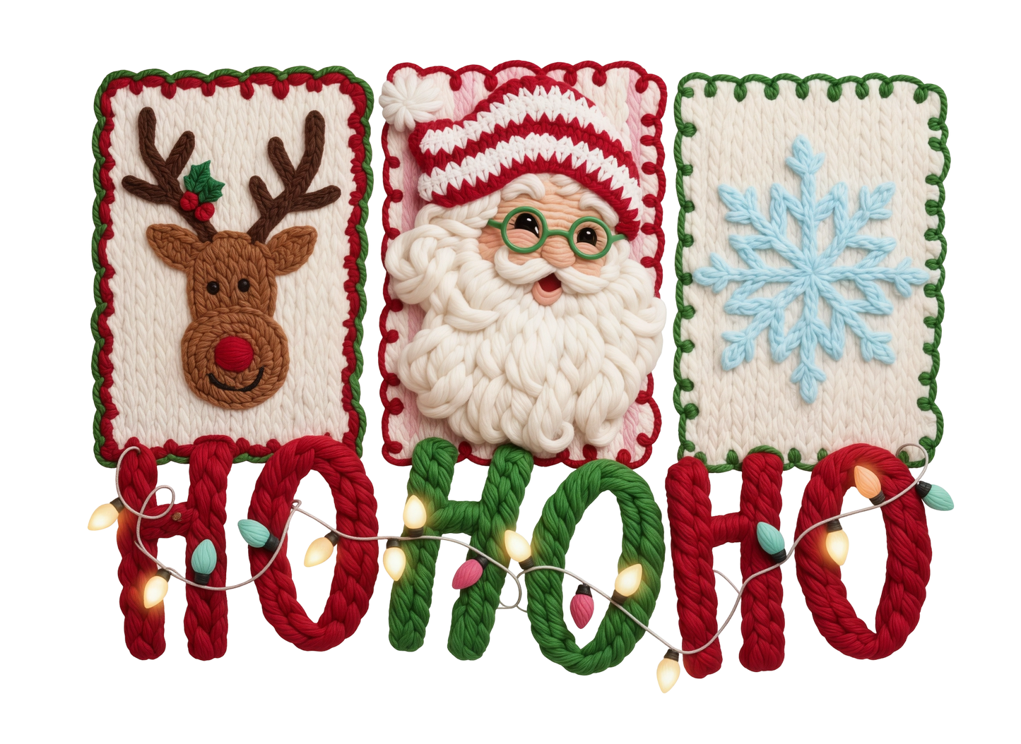 Hohoho Yarn Print Santa, Reindeer, & Snowflake Hoodie